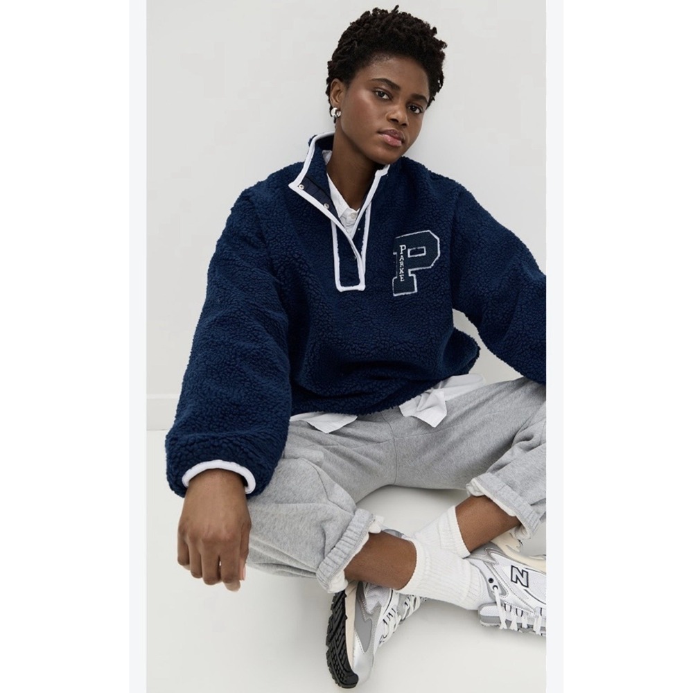Parke Chenille Varsity Boat Fleece Sweater Sz M Blue 1/4 Snap Comfort Casual